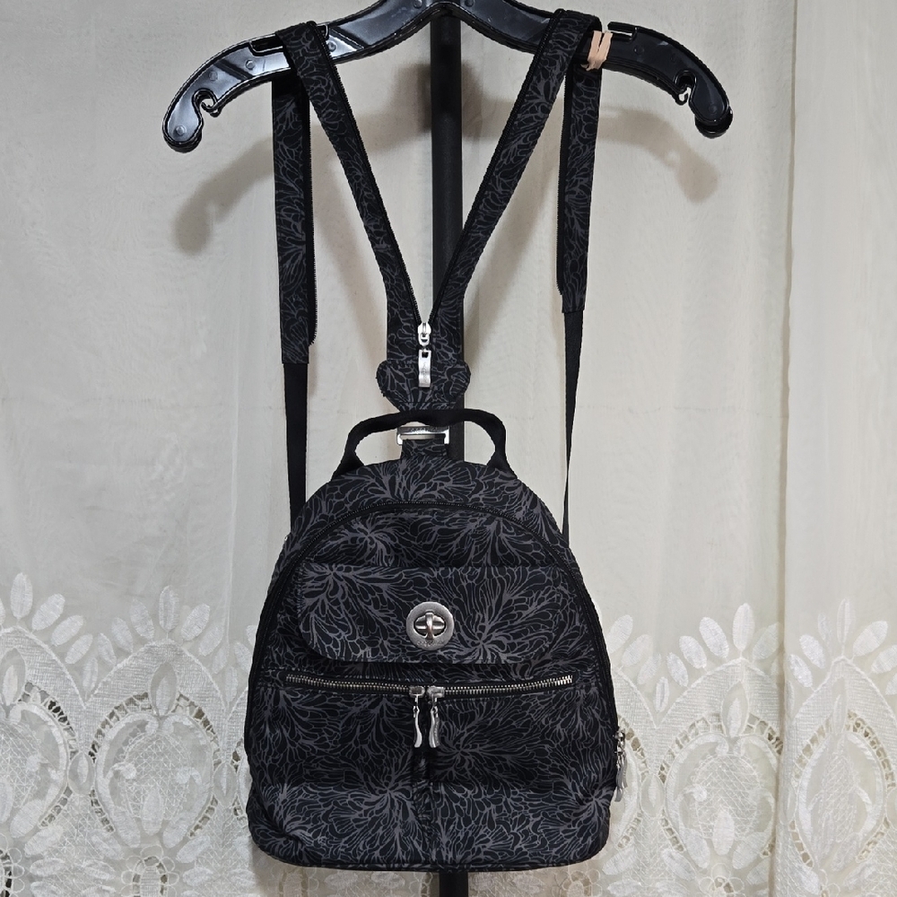 Baggallini Black & Gray Floral Print Backpack Sling Purse Bag